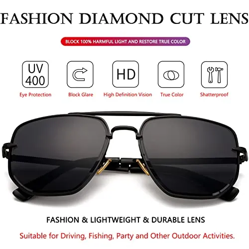 AIEYEZO Square Aviator Sunglasses for Men Women Fashion Vintage Diamond Cutting Lens Classic Military Pilot Gradient Shades (Black/Grey)