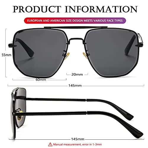 AIEYEZO Square Aviator Sunglasses for Men Women Fashion Vintage Diamond Cutting Lens Classic Military Pilot Gradient Shades (Black/Grey)