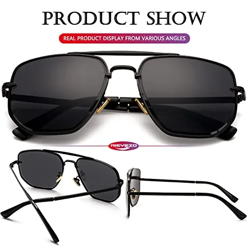 AIEYEZO Square Aviator Sunglasses for Men Women Fashion Vintage Diamond Cutting Lens Classic Military Pilot Gradient Shades (Black/Grey)