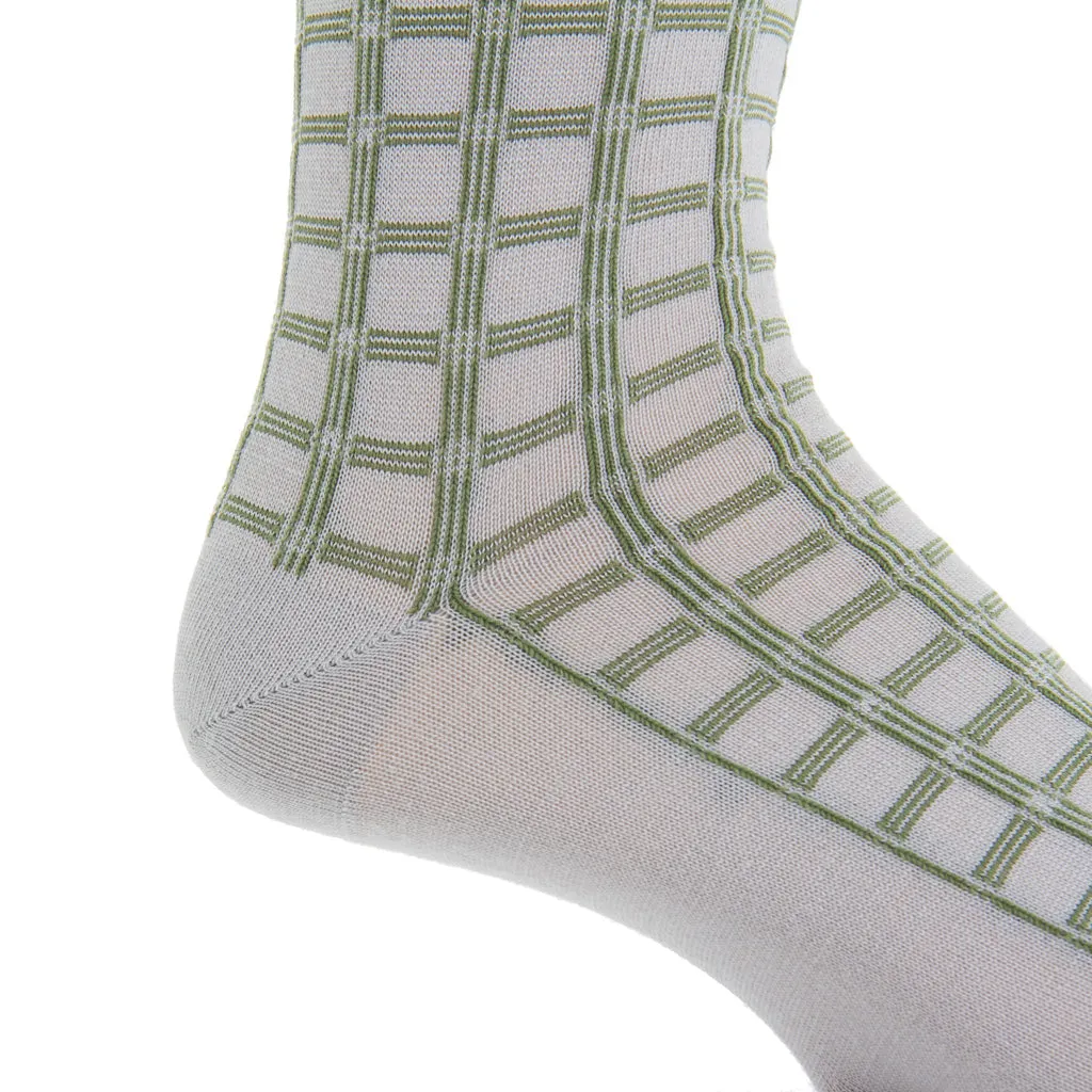 Ash with Pine Green Double Pane Fine Merino Wool Sock Linked Toe Mid-Calf