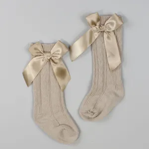 Baby Girls Beige Knee High Socks with Satin Bow