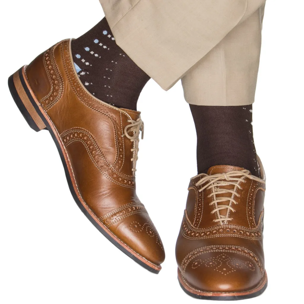 Coffee Brown with Sky Blue, Tan, Cream Dot Clocking with Sky Blue Tipping Cotton Sock Linked Toe Mid-Calf