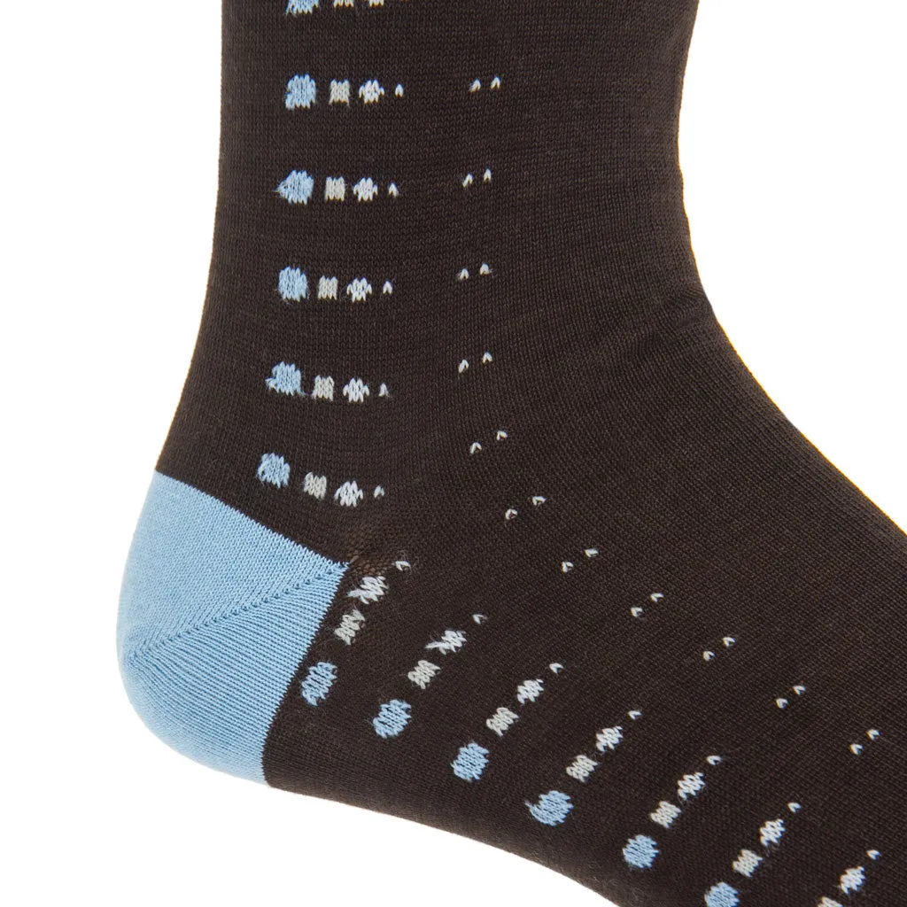Coffee Brown with Sky Blue, Tan, Cream Dot Clocking with Sky Blue Tipping Cotton Sock Linked Toe Mid-Calf