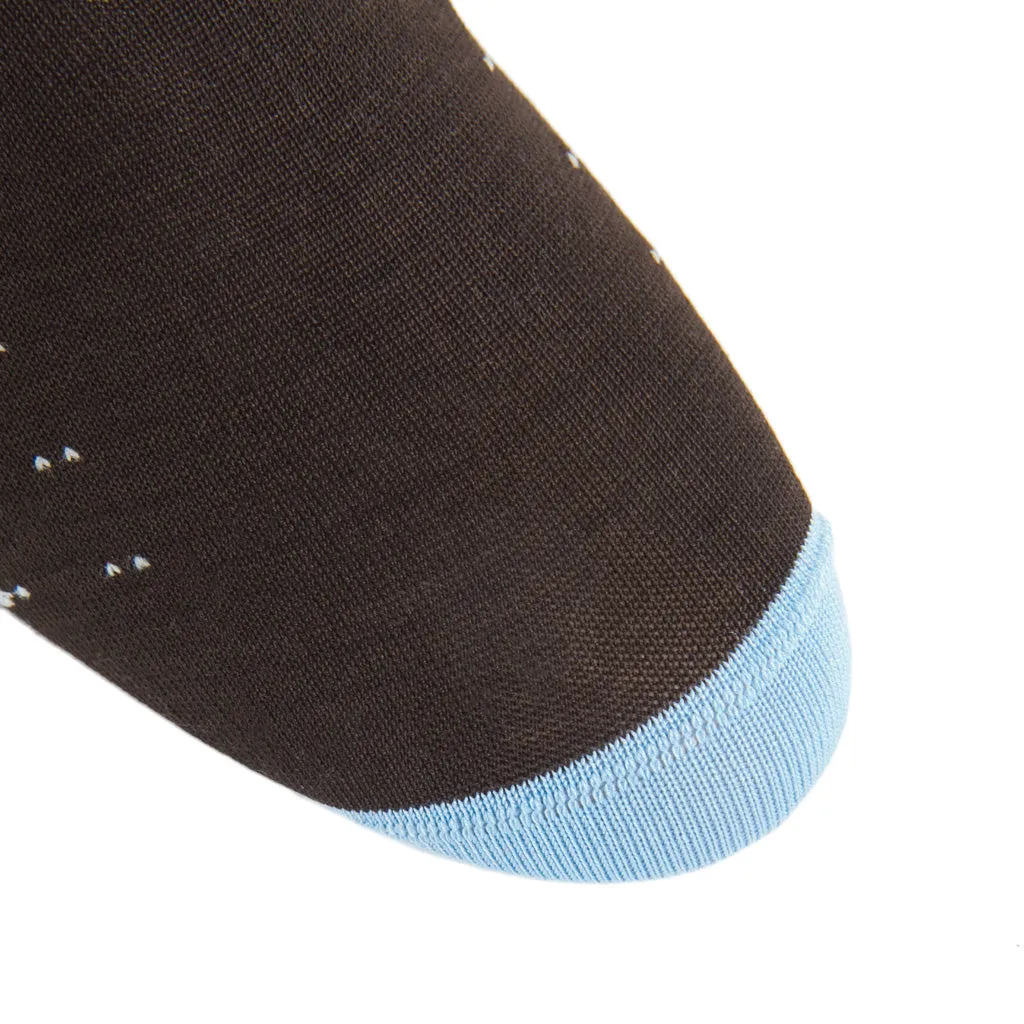 Coffee Brown with Sky Blue, Tan, Cream Dot Clocking with Sky Blue Tipping Cotton Sock Linked Toe Mid-Calf