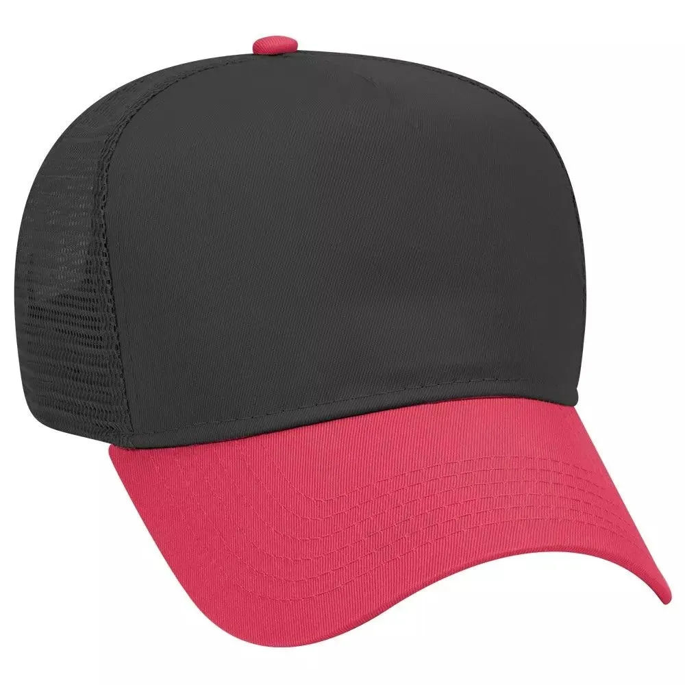 Cotton Blend Twill Five Panel Mid Profile Style Mesh Back Trucker Hat