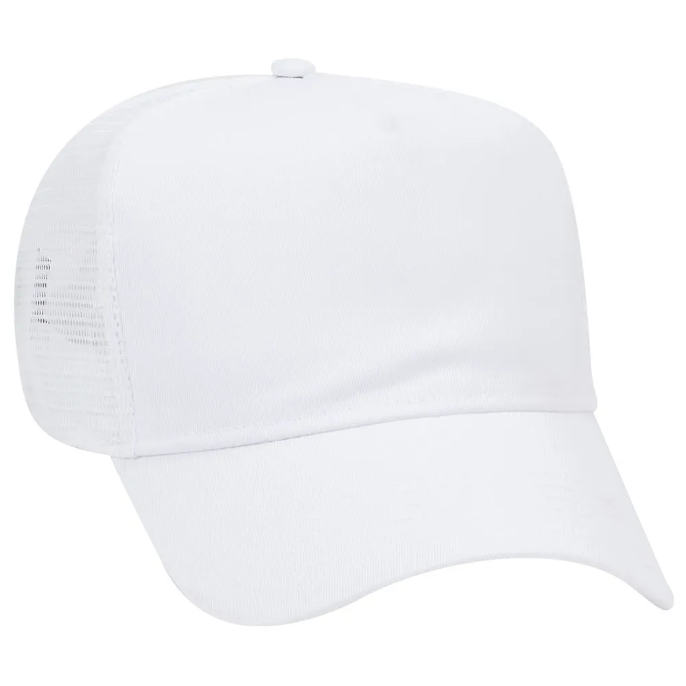 Cotton Blend Twill Five Panel Mid Profile Style Mesh Back Trucker Hat