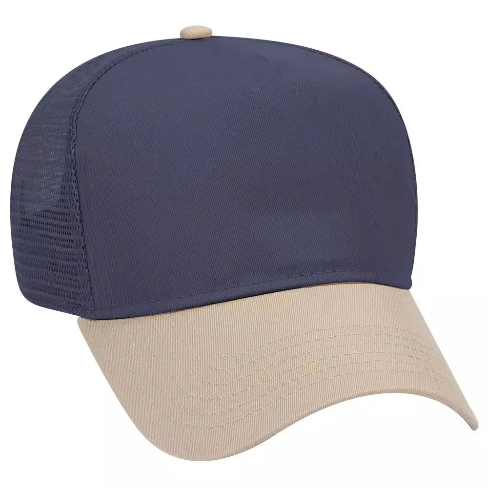 Cotton Blend Twill Five Panel Mid Profile Style Mesh Back Trucker Hat