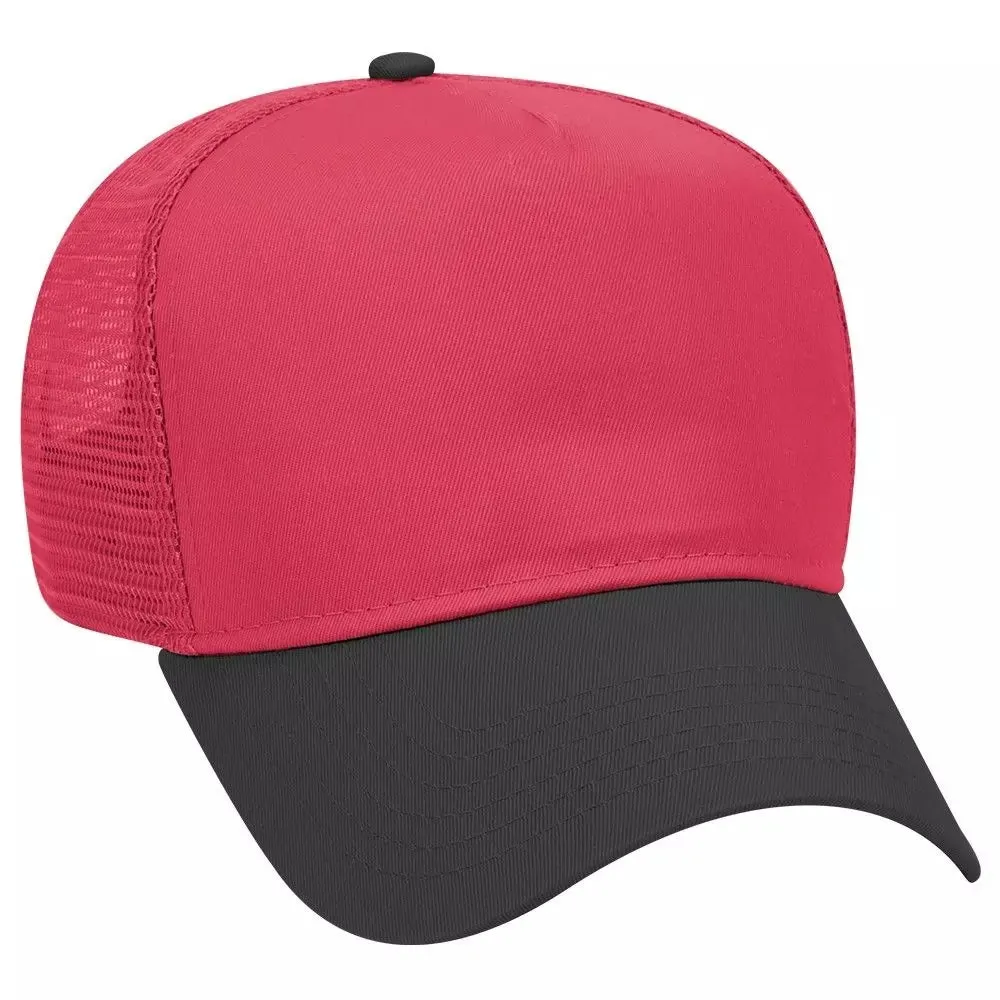 Cotton Blend Twill Five Panel Mid Profile Style Mesh Back Trucker Hat