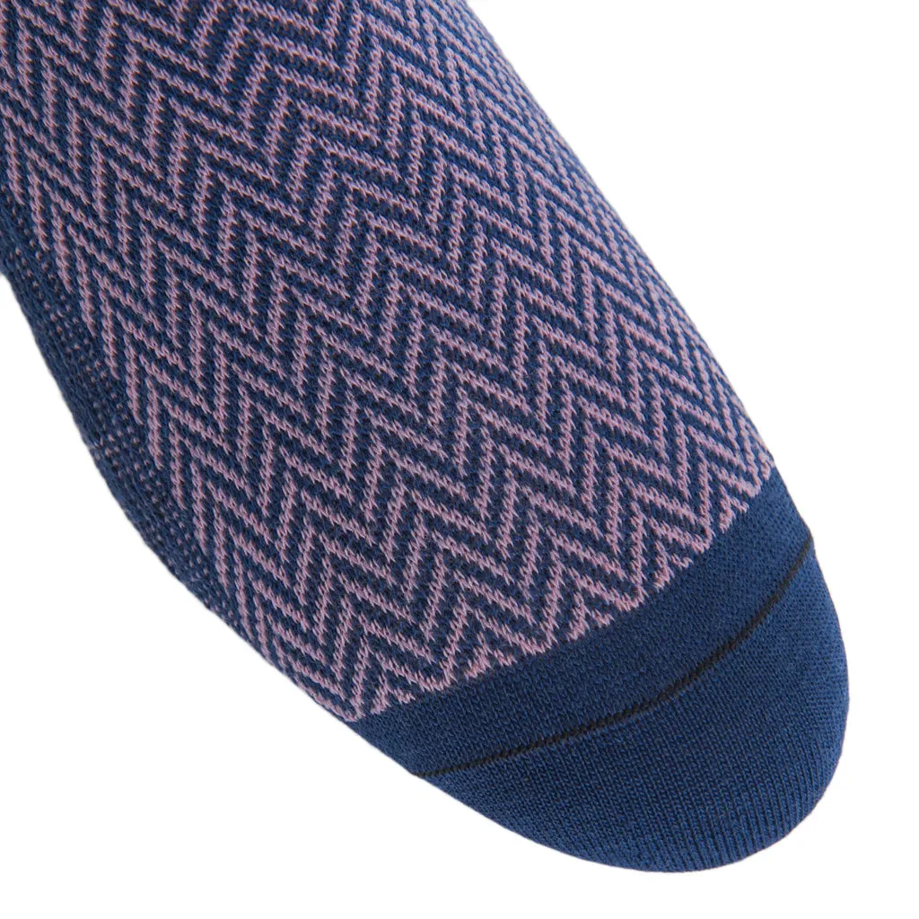 Dress Navy with Elderberry Herringbone Fine Merino Wool Sock Linked Toe Mid-Calf