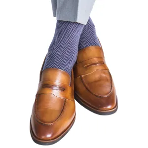 Dress Navy with Elderberry Herringbone Fine Merino Wool Sock Linked Toe Mid-Calf