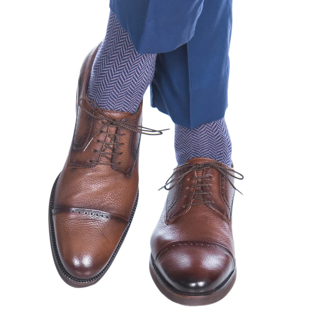 Dress Navy with Elderberry Herringbone Fine Merino Wool Sock Linked Toe Mid-Calf