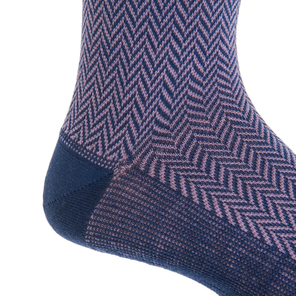 Dress Navy with Elderberry Herringbone Fine Merino Wool Sock Linked Toe Mid-Calf