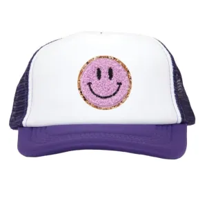 Lavender Smiley Chenille Patch on Purple Youth Trucker Cap
