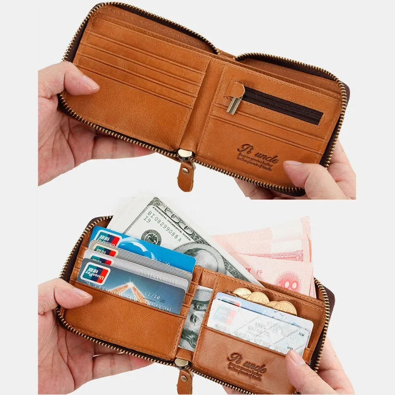 Men Genuine Leather Multifunction Anti-theft Swipe Card Coin Purse RFID Blocking Bifold Zipper Hasp Wallets Multi-card Slot Holder