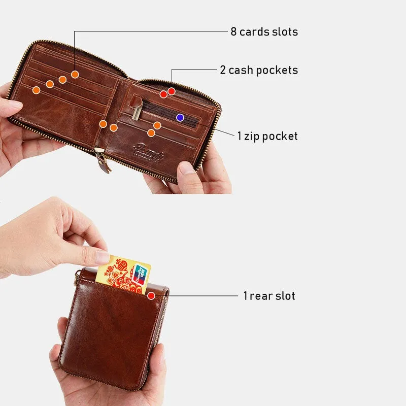 Men Genuine Leather Multifunction Anti-theft Swipe Card Coin Purse RFID Blocking Bifold Zipper Hasp Wallets Multi-card Slot Holder