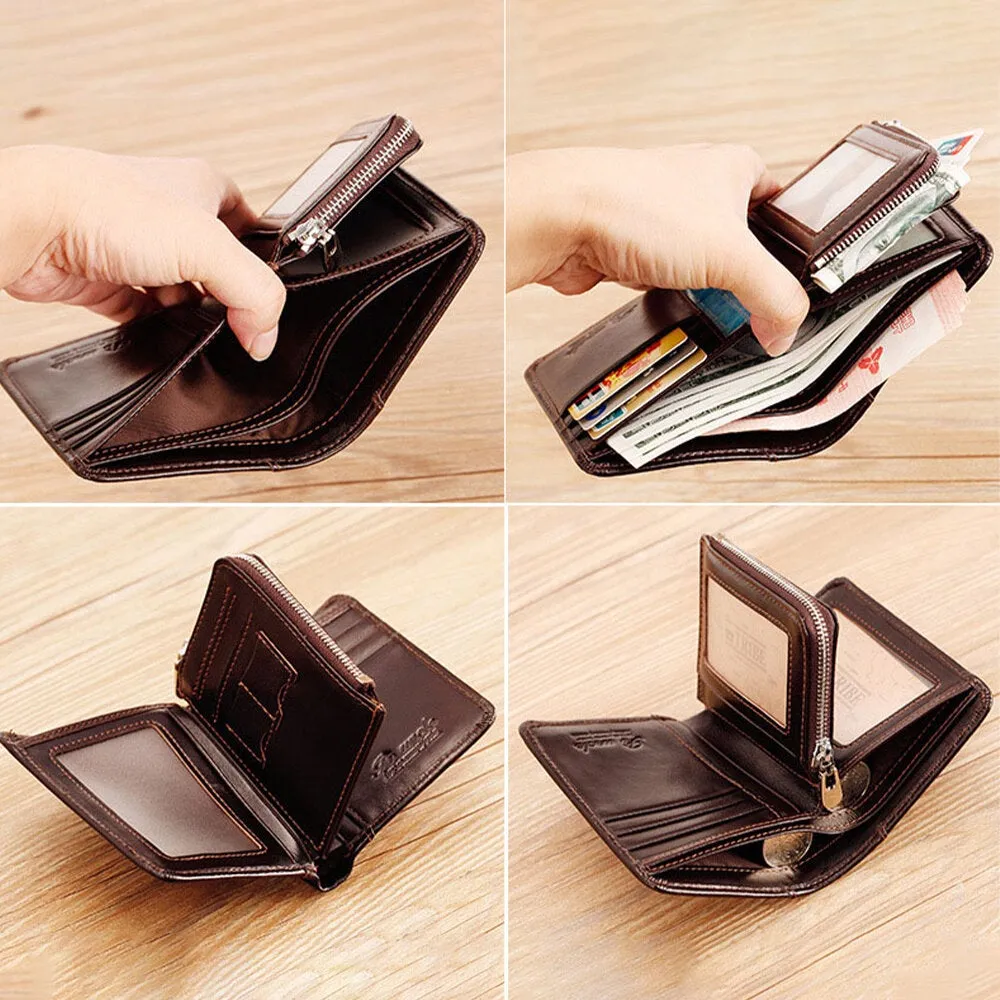 Men Genuine Leather Short Zipper RFID Anti-theft Retro Multi-card Slot Card Holder Coin Purse Wallet Money Clip