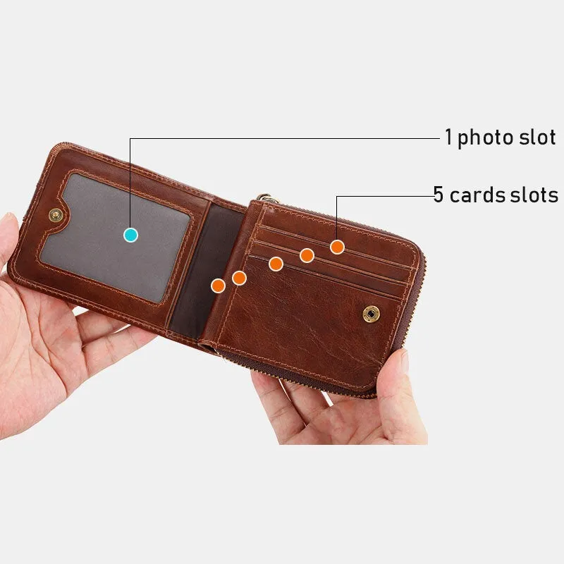 Men RFID Blocking Bifold First Layer Cowhide Wallets Minimalist Zipper Multi-card Slot Card Holder Coin Purse