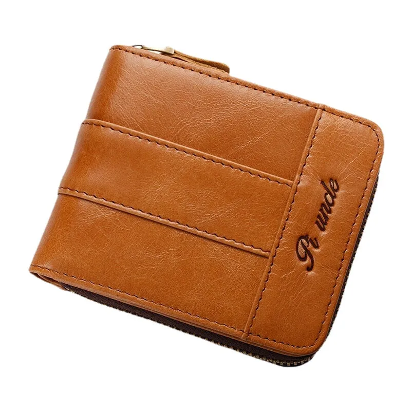 Men RFID Blocking Bifold First Layer Cowhide Wallets Minimalist Zipper Multi-card Slot Card Holder Coin Purse
