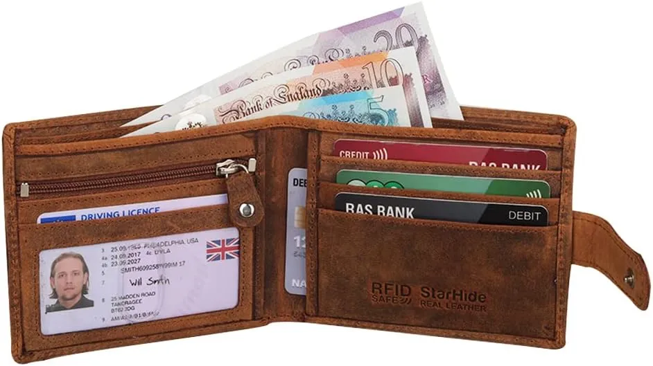 Mens Distressed Brown Leather RFID Blocking slim Bifold Wallet with Zip Coin Pocket