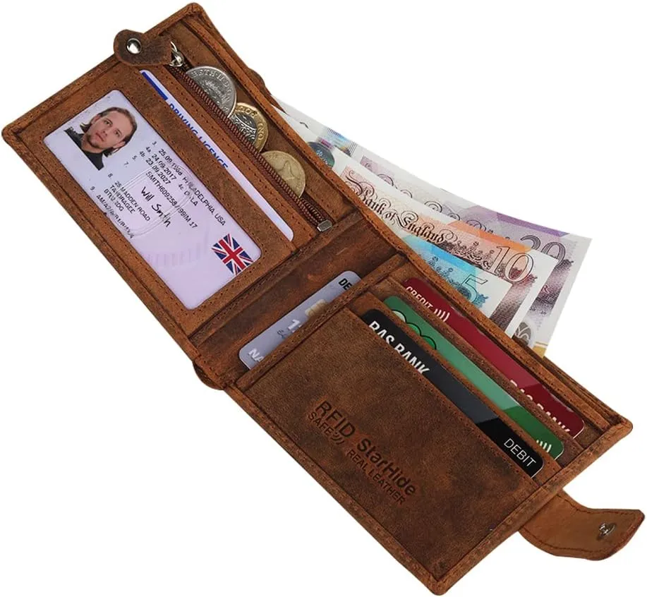 Mens Distressed Brown Leather RFID Blocking slim Bifold Wallet with Zip Coin Pocket