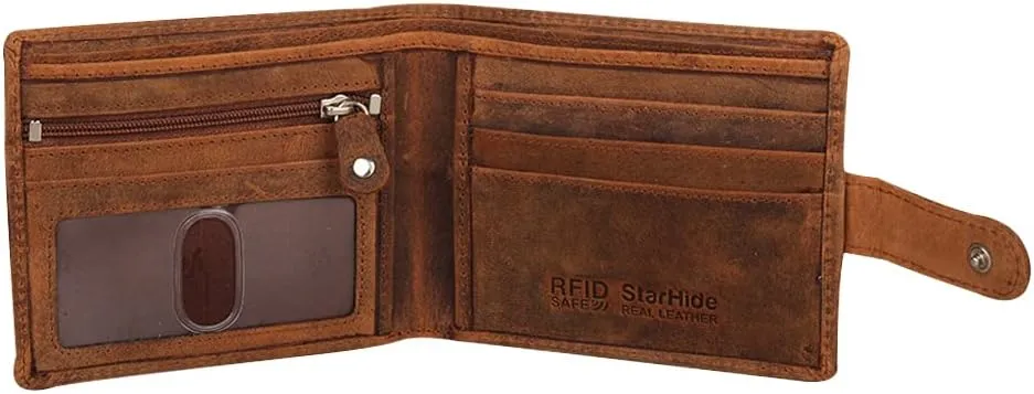 Mens Distressed Brown Leather RFID Blocking slim Bifold Wallet with Zip Coin Pocket