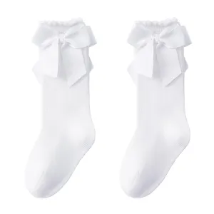 Mini angel Baby Knee High Socks Toddler Long Socks Girls Bow Ruffled Knee Socks Cotton Tube Stockings Infant Dress Socks, 12-24 Months (White, 2 Pairs)