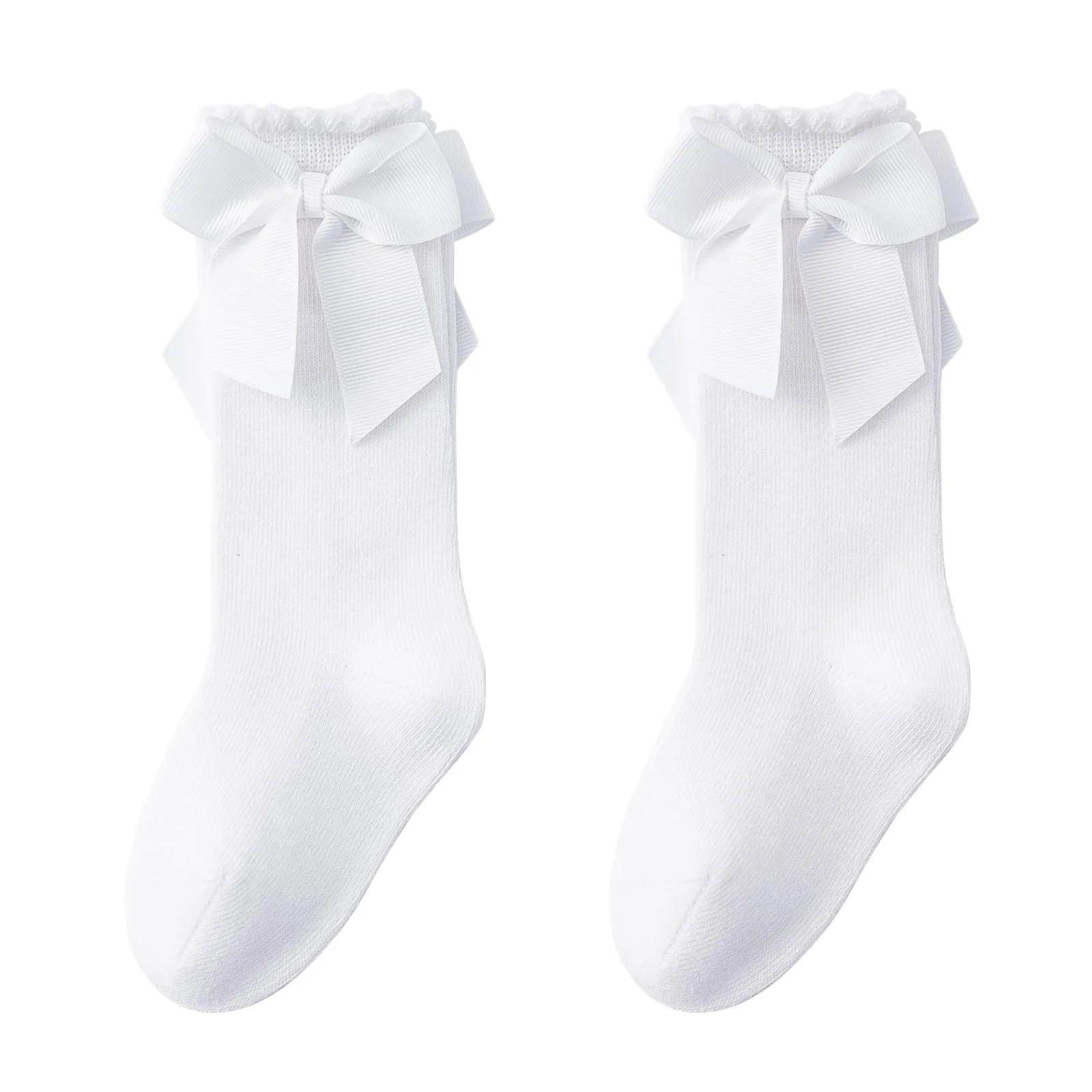 Mini angel Baby Knee High Socks Toddler Long Socks Girls Bow Ruffled Knee Socks Cotton Tube Stockings Infant Dress Socks, 12-24 Months (White, 2 Pairs)