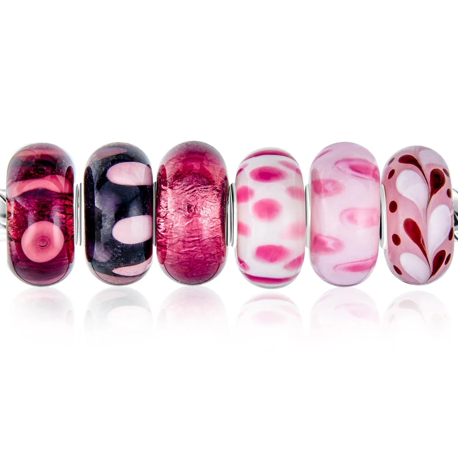 Mixed Set Sterling Silver Core Rose Pink Murano Glass Charm Bead for Bracelet
