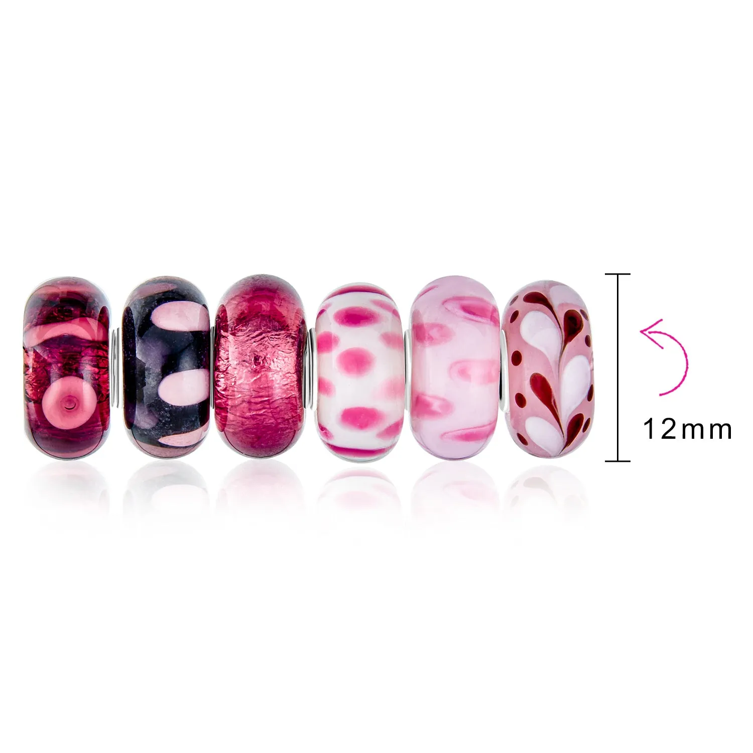 Mixed Set Sterling Silver Core Rose Pink Murano Glass Charm Bead for Bracelet