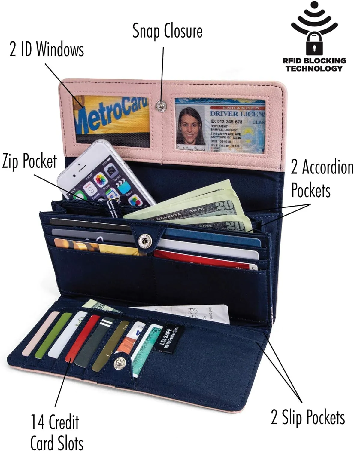 Nautica Money Manager RFID Women’s Wallet Clutch Organizer (Petal PInk)
