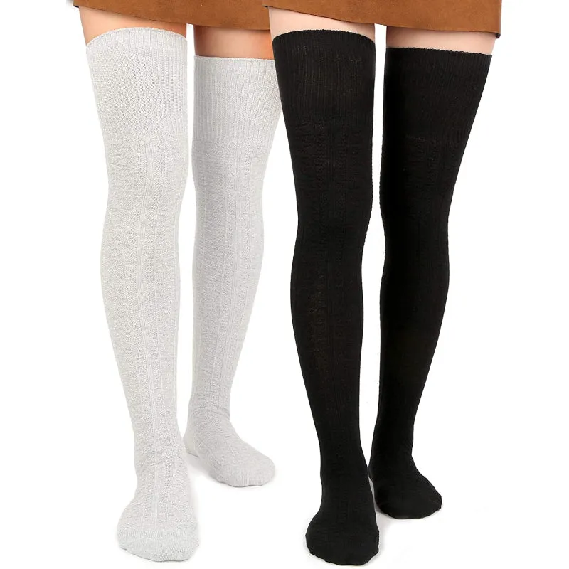 Pack of 2 Women Thigh High Socks Extra Long Cotton Knit Warm Thick Tall Long Boot Stockings Leg Warmers