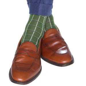 Pine Green with Black and Cream Window Pane Fine Merino Wool Sock Linked Toe Mid-Calf