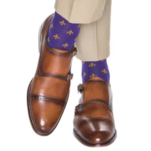Purple and Gold Fleur de Lis Fine Merino Wool Sock Linked Toe OTC