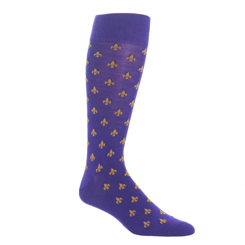 Purple and Gold Fleur de Lis Fine Merino Wool Sock Linked Toe OTC