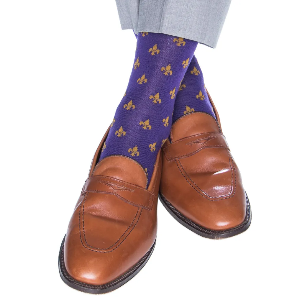 Purple and Gold Fleur de Lis Fine Merino Wool Sock Linked Toe OTC