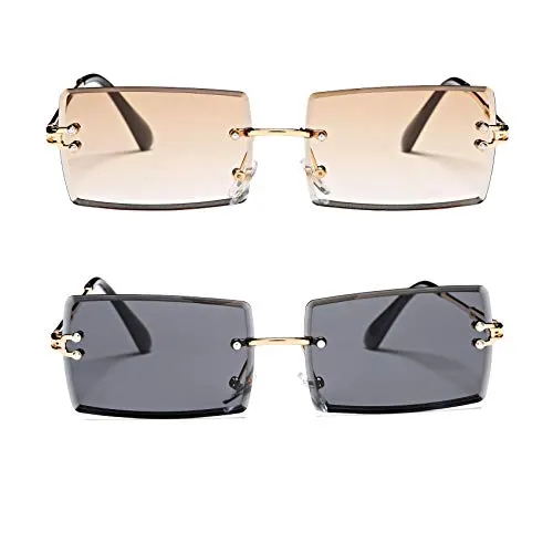 Rectangle Sunglasses for Men/Women Small Rimless Square Shade Eyewear (Tea   Purple)