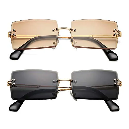 Rectangle Sunglasses for Men/Women Small Rimless Square Shade Eyewear (Tea   Purple)