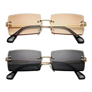 Rectangle Sunglasses for Men/Women Small Rimless Square Shade Eyewear (Tea   Purple)