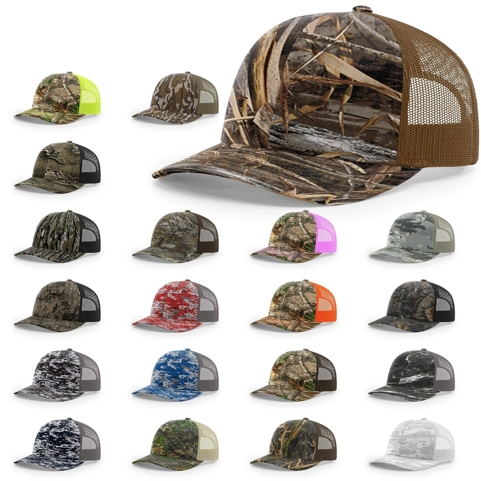 Richardson 112P Camo Trucker Hat Snapback Caps Camo Blaze Orange Realtree Mossy Oak Hats