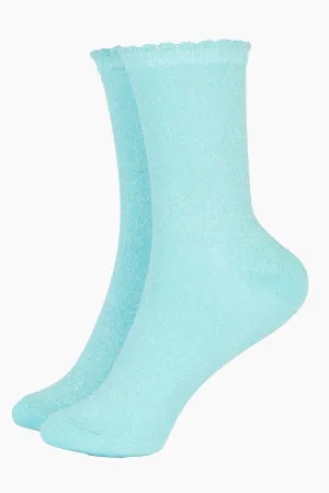 Scalloped Cuff Glitter Socks - Duck Egg Blue