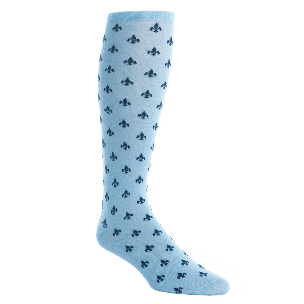Sky Blue with Dress Navy Fleur De Lis Fine Merino Wool Sock Linked Toe OTC