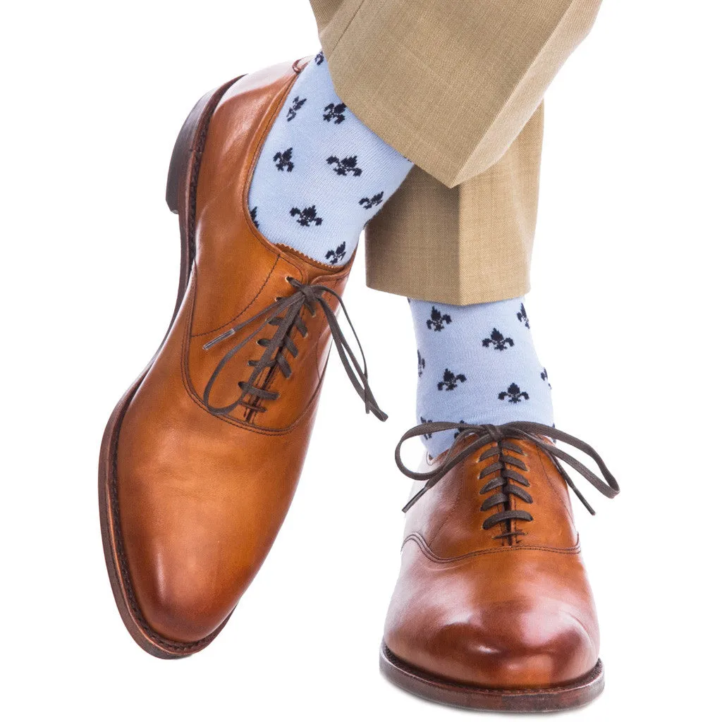 Sky Blue with Dress Navy Fleur De Lis Fine Merino Wool Sock Linked Toe OTC