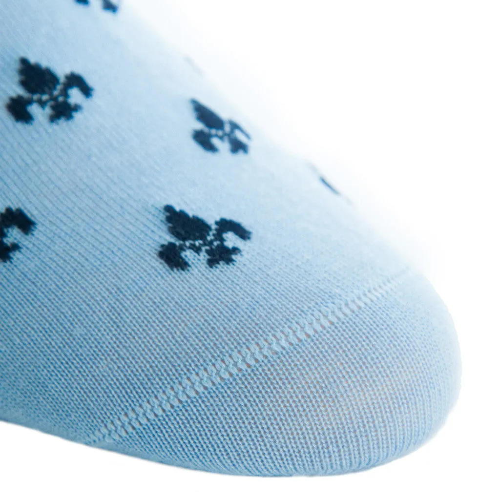 Sky Blue with Dress Navy Fleur De Lis Fine Merino Wool Sock Linked Toe OTC