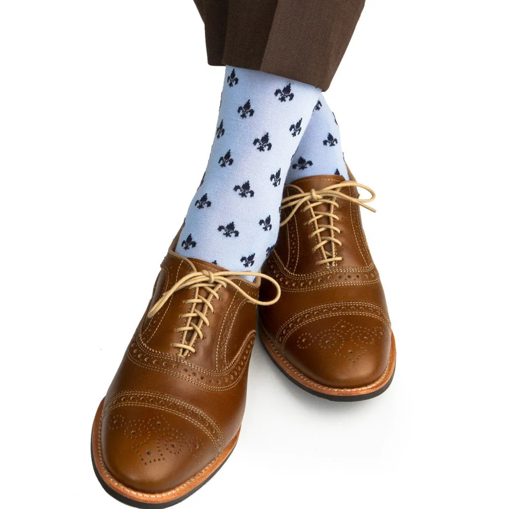Sky Blue with Dress Navy Fleur De Lis Fine Merino Wool Sock Linked Toe OTC