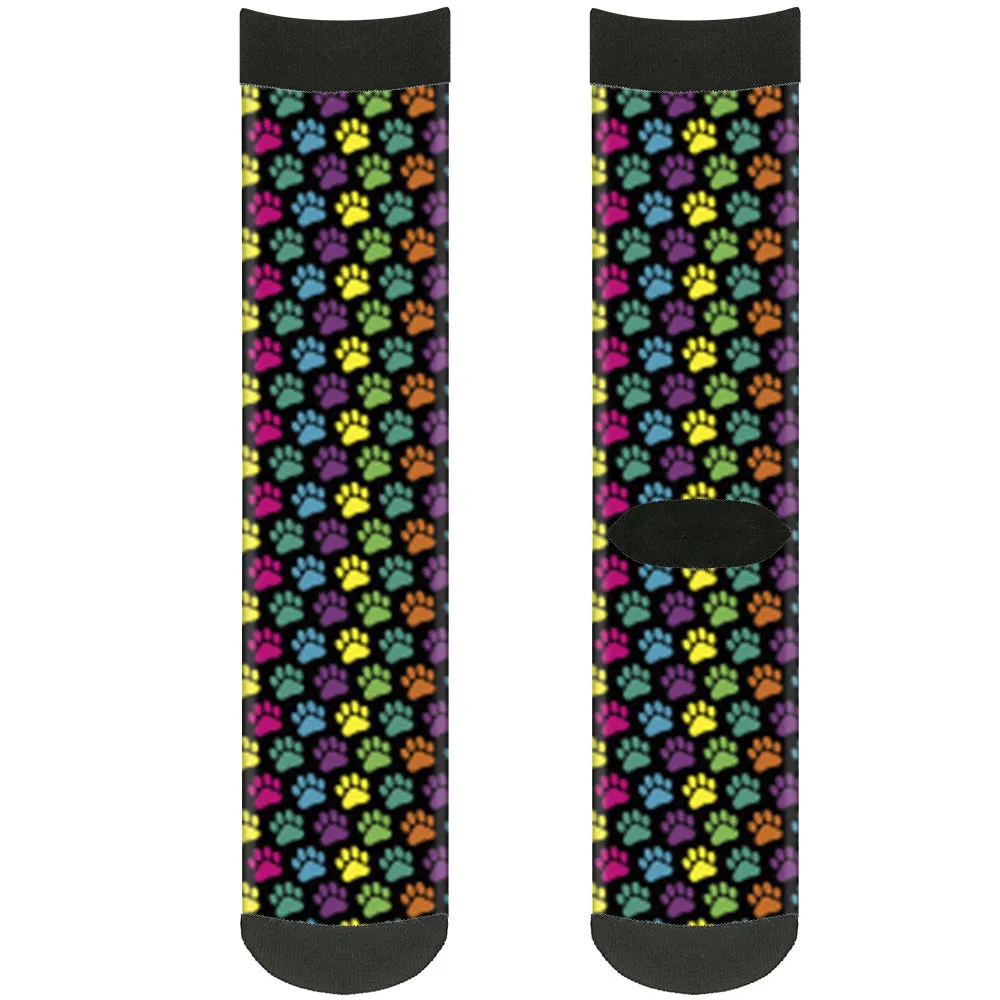 Sock Pair - Polyester - Paw Print Black Multi Color - CREW