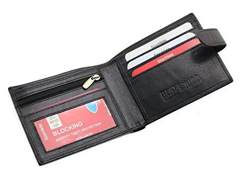 Starhide Essentials RFID Blocking Genuine Leather Billfold Wallets for Men with Zip Coin Pocket Gift Box 1100 (Black)