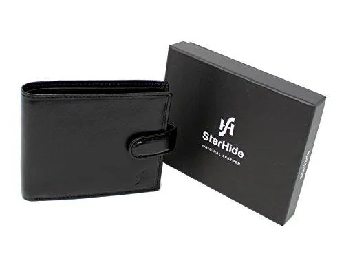 Starhide Essentials RFID Blocking Genuine Leather Billfold Wallets for Men with Zip Coin Pocket Gift Box 1100 (Black)