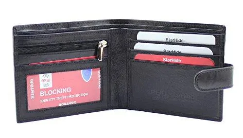 Starhide Essentials RFID Blocking Genuine Leather Billfold Wallets for Men with Zip Coin Pocket Gift Box 1100 (Black)