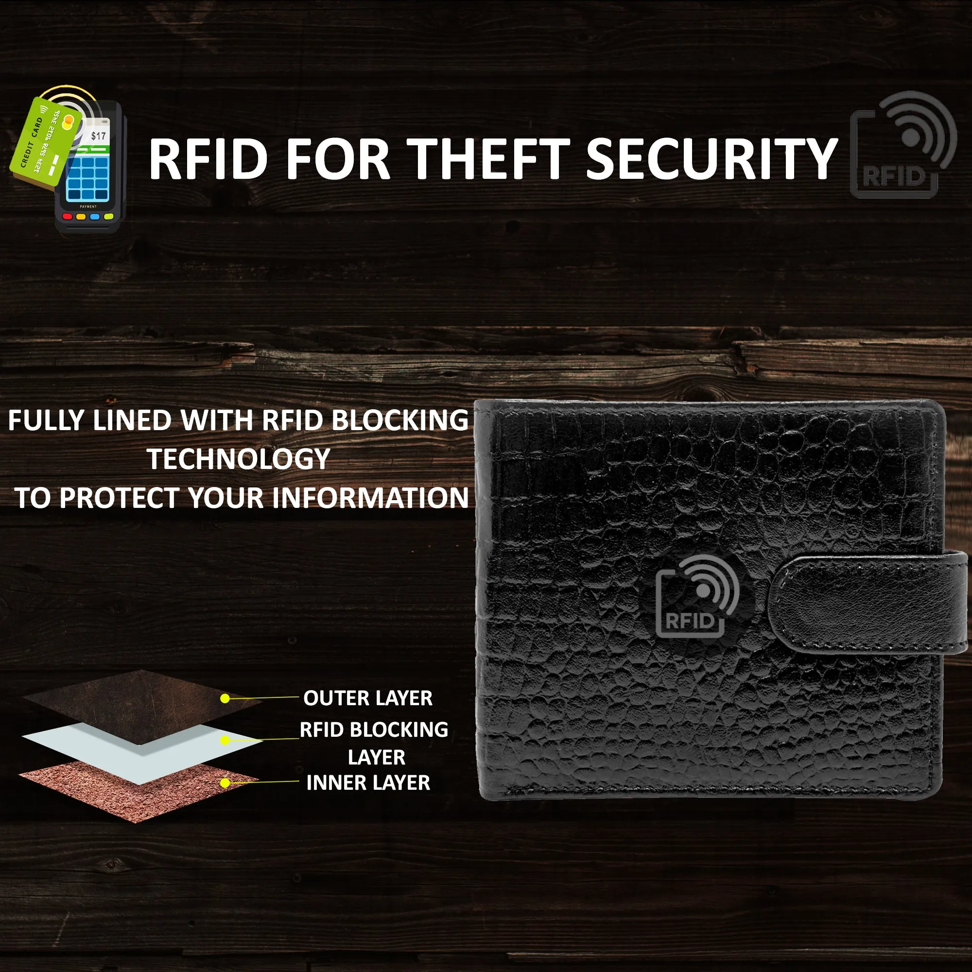 Teakwood Unisex Genuine Leather Black Bi Fold RFID Solid Wallet