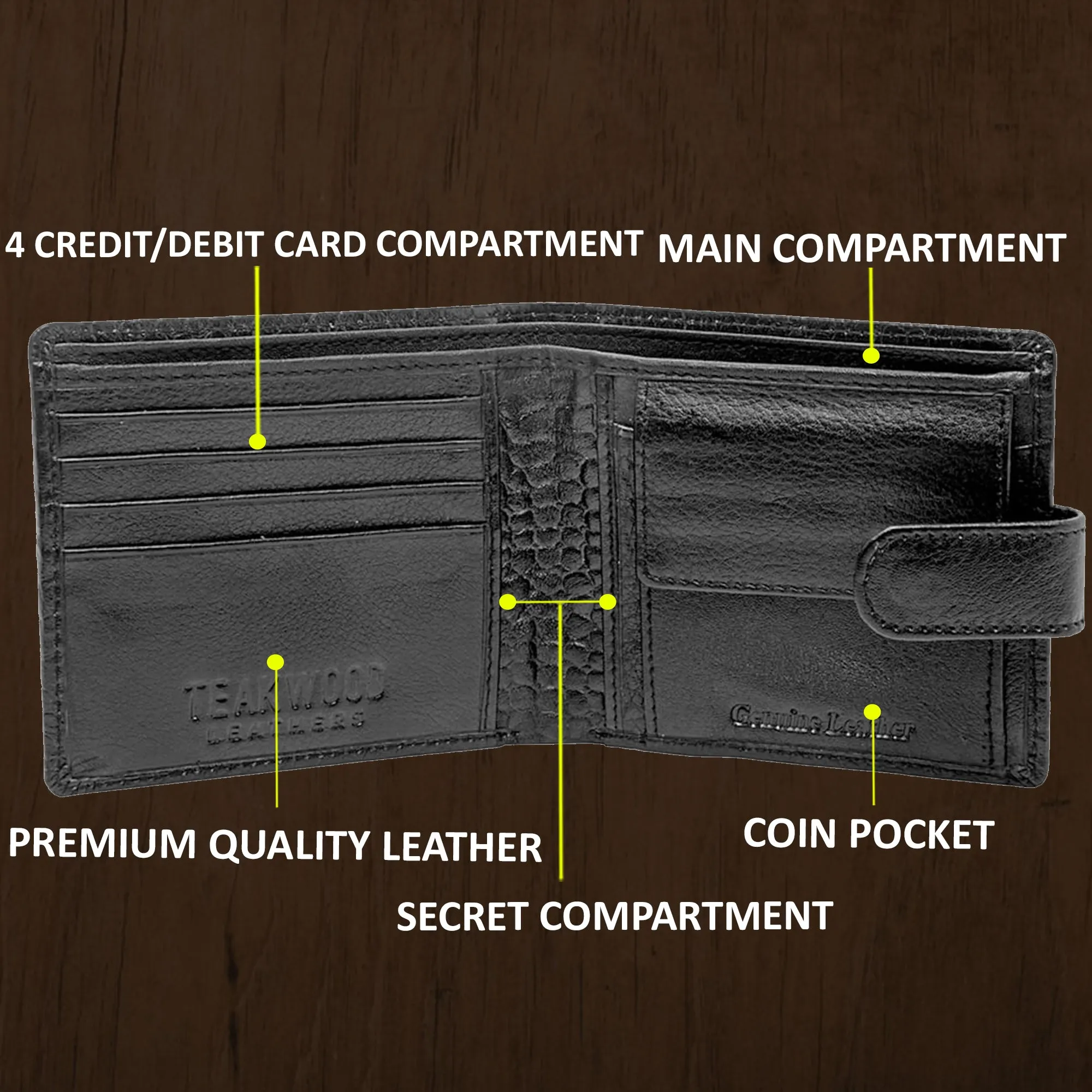 Teakwood Unisex Genuine Leather Black Bi Fold RFID Solid Wallet